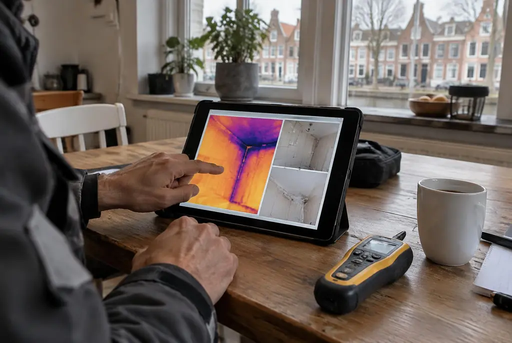 Lekdetectie Wolvega – lekdetectierapport met warmtebeelden en foto's op een tablet