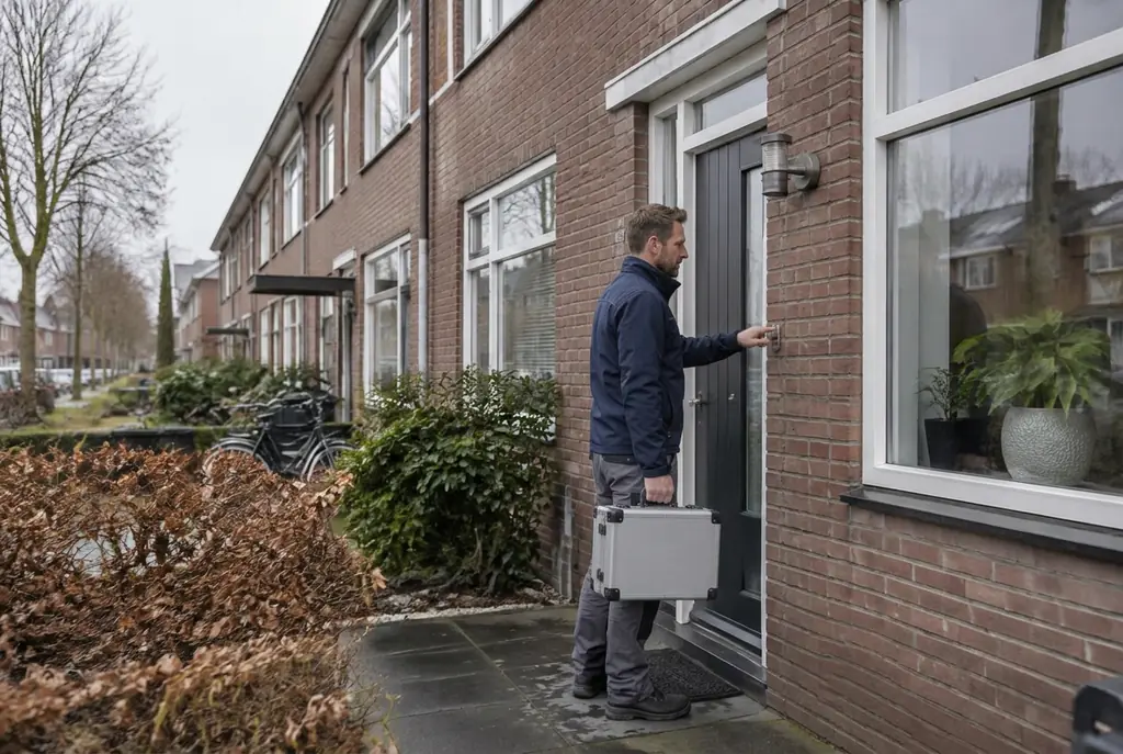 Lekdetectiespecialist met meetkoffer bij de voordeur van een woning in Wolvega